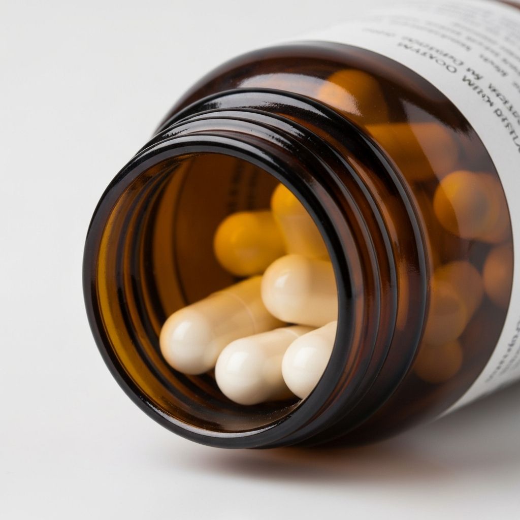 Magnesium supplement bottle with white capsules