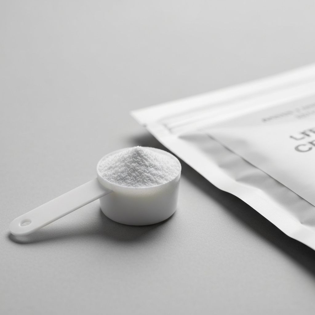 Creatine monohydrate powder in measuring scoop